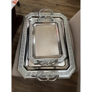 Set of 2 embossed Greek Key Border Engraved Flower Design Serving Trays